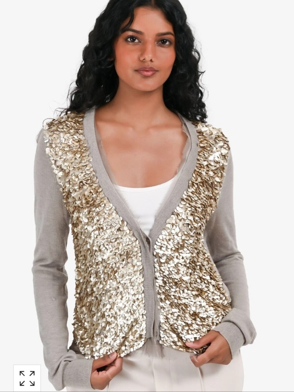 Line Beige Cashmere/Silk Gold Sequin Cardigan. Size M